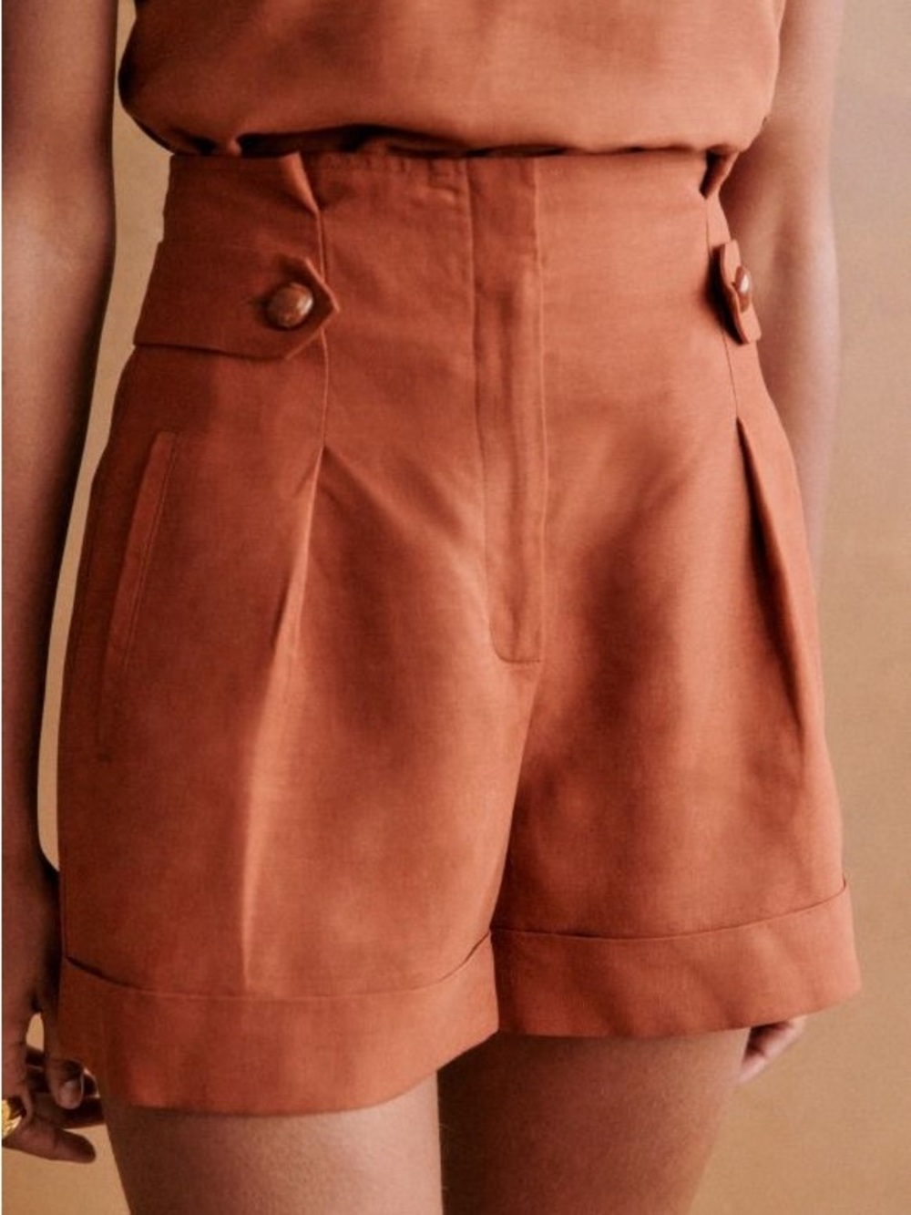 Sezane High Waist Tailored Shorts in Burnt Orange